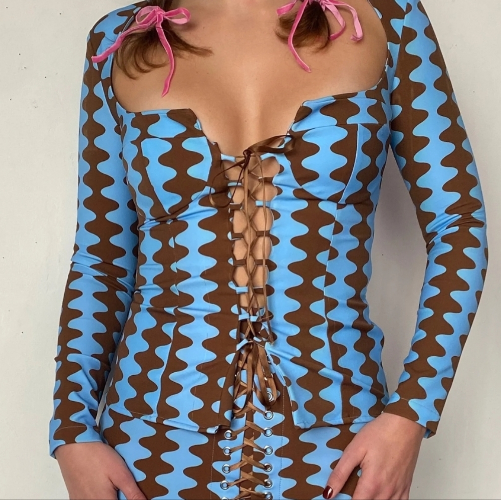 Tyler McGillivary Brown Blue Striped Lace Up Front Longsleeve Samara Top Size 3X